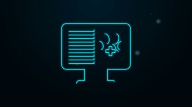 Parlayan neon hattı tıbbi kayıt evcil hayvanı siyah arka planda izole edilmiş monitör ikonunda. Sağlık sigortası formu. Reçete, tıbbi kontrol işaretleri raporu. 4K Video hareketli grafik canlandırması