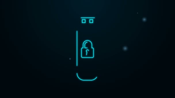 Glödande neon linje USB-minne med stängt hänglås ikon isolerad på svart bakgrund. Säkerhet, trygghet, skydd koncept. 4K Video motion grafisk animation — Stockvideo