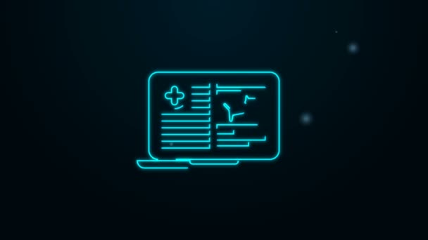 Glowing neon line Medical clinical record dog on laptop icon isolated on black background. Health insurance form. Prescription, medical check marks report. 4K Video motion graphic animation — Stock Video