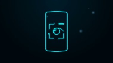 Parlayan neon hattı cep telefonu ve göz tarama simgesi siyah arkaplanda izole edildi. Göz taraması yapılıyor. Güvenlik kontrol sembolü. Siber göz işareti. 4K Video hareketli grafik canlandırması