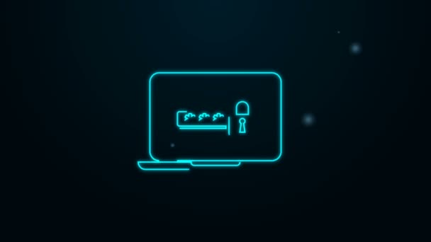 Glödande neon line Laptop med lösenord anmälan och lås ikonen isolerad på svart bakgrund. Säkerhet, personlig åtkomst, användargodkännande, inloggningsformulär. 4K Video motion grafisk animation — Stockvideo