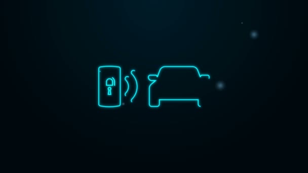 Светящийся неоновая линия Смарт автомобиль сигнализации значок системы изолированы на черном фоне. Смартфон контролирует безопасность автомобиля по радио. Видеографическая анимация 4K — стоковое видео