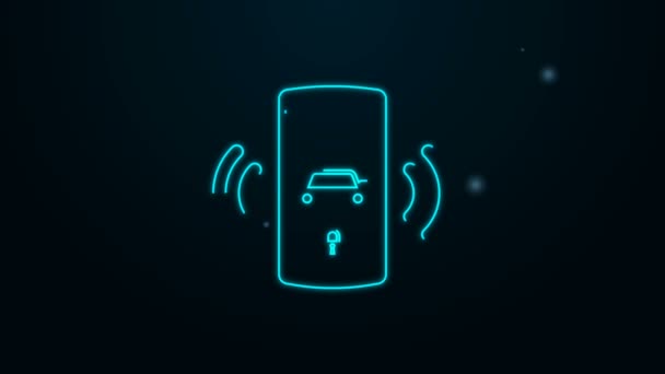 ネオンラインの輝き黒い背景に隔離されたスマートカーアラームシステムアイコン。スマートフォンは無線で車のセキュリティを制御します。4Kビデオモーショングラフィックアニメーション — ストック動画