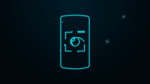 Žhnoucí neonová linka Ikona mobilního telefonu a snímání očí izolovaná na černém pozadí. Skenuji oko. Symbol bezpečnostní kontroly. Kybernetické oko. Grafická animace pohybu videa 4K — Stock video