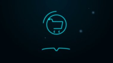 Siyah zemin üzerinde izole edilmiş alışveriş arabası simgesi olan parlak neon çizgili harita işaretçisi. İğne dükkânı ve alışveriş. Süpermarket sepeti sembolü. 4K Video hareketli grafik canlandırması