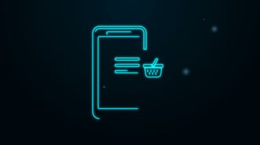 Parlayan neon hattı cep telefonu ve siyah arka planda izole edilmiş alışveriş sepeti simgesi. İnternetten satın alma sembolü. Süpermarket sepeti sembolü. 4K Video hareketli grafik canlandırması