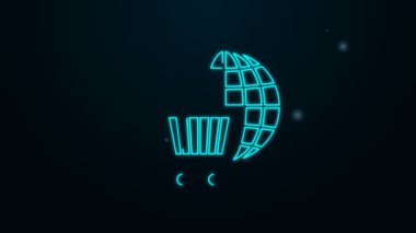 Siyah arka planda izole edilmiş dünya ikonu olan parlak neon çizgili alışveriş arabası. İnternetten satın alma konsepti. Küresel pazar konsepti. Süpermarket sepeti sembolü. 4K Video hareketli grafik canlandırması