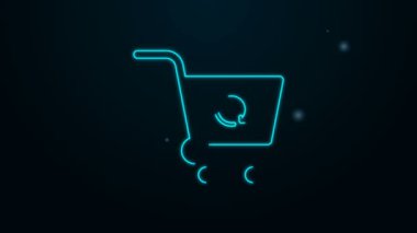Parlayan neon hattı, siyah arka planda izole edilmiş, yenilenmiş alışveriş arabası simgesi. İnternetten satın alma konsepti. Servis tabelası. Süpermarket sepeti sembolünü güncelle. 4K Video hareketli grafik canlandırması
