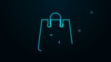 Siyah arka planda izole edilmiş yüzde yazılı indirim simgesiyle parlayan neon hattı alışveriş torbası. El çantası işareti. Kadın çanta ikonu. Kadın el çantası işareti. 4K Video hareketli grafik canlandırması