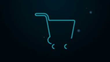 Siyah arkaplanda işaret simgesi olan parlak neon çizgili alışveriş arabası. Süpermarket sepeti onaylı, onaylı, tamam, tik, tamamlanmış sembol. 4K Video hareketli grafik canlandırması