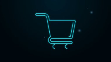Parlayan neon hattı alışveriş arabası simgesi siyah arka planda izole edildi. İnternetten satın alma konsepti. Servis tabelası. Süpermarket sepeti sembolü. 4K Video hareketli grafik canlandırması
