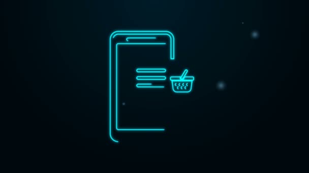 Świecąca neonowa linia Telefon komórkowy i ikona koszyka zakupów izolowana na czarnym tle. Symbol zakupu online. Symbol koszyka w supermarkecie. 4K Animacja graficzna ruchu wideo — Wideo stockowe