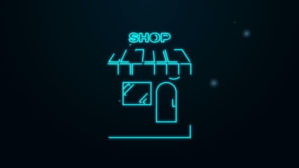 ネオンラインの増加黒の背景に隔離されたショッピングビルやマーケットストアのアイコン。店の建設。4Kビデオモーショングラフィックアニメーション — ストック動画