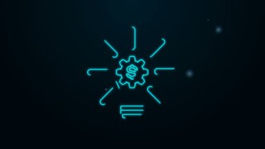 Parlak neon çizgili ampul, içinde ekipman ve dolar sembolü olan simge siyah arka planda izole edilmiş. Fintech yenilik konsepti. 4K Video hareketli grafik canlandırması