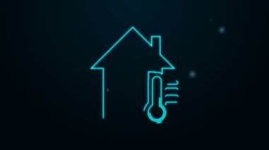 Parlayan neon hattı ev sıcaklığı simgesi siyah arkaplanda izole edildi. Termometre simgesi. 4K Video hareketli grafik canlandırması