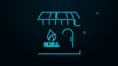 Parlayan neon hattı barbekü alışveriş binası ya da market simgesi siyah arka planda izole edilmiş. Barbekü ızgara partisi. Dükkan inşaatı. 4K Video hareketli grafik canlandırması