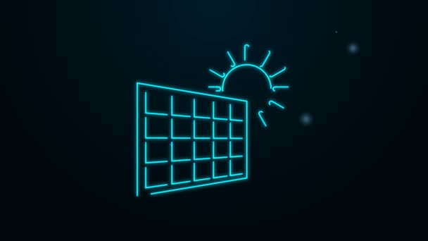 Zářící neonová čára Solární panel a ikona slunce izolované na černém pozadí. Grafická animace pohybu videa 4K — Stock video