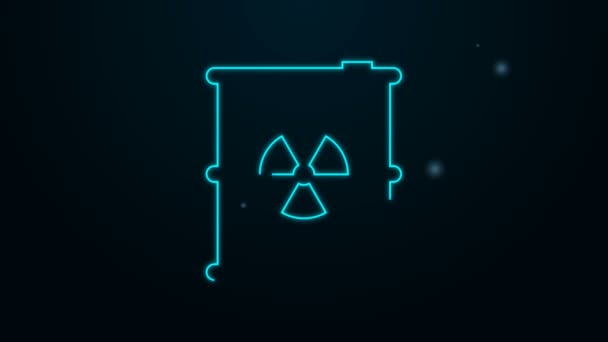 Zářící neonová čára Radioaktivní odpad v barrel ikonu izolované na černém pozadí. Toxický sud na odpadky. Emise radioaktivního odpadu, znečištění životního prostředí. Grafická animace pohybu videa 4K — Stock video