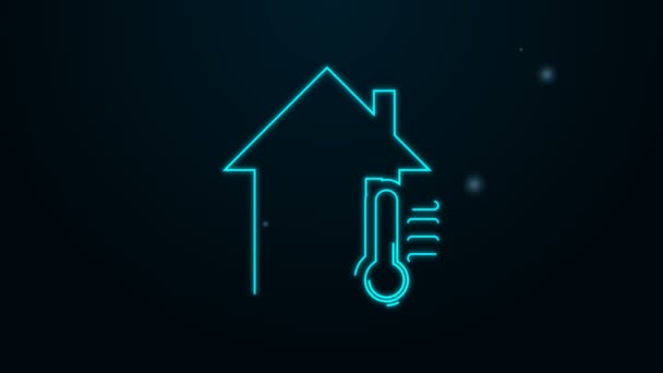 Linea al neon luminosa Icona della temperatura della casa isolata su sfondo nero. Icona del termometro. Animazione grafica 4K Video motion — Video Stock
