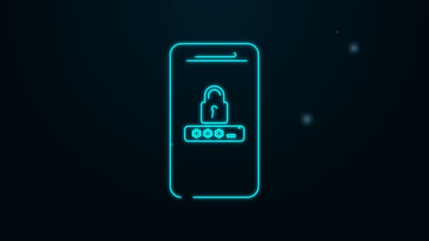 Ragyogó neon vonal Mobiltelefon és jelszóvédelem ikon elszigetelt fekete alapon. Biztonság, biztonság, személyes hozzáférés, felhasználói engedély, magánélet. 4K Videó mozgás grafikus animáció — Stock videók