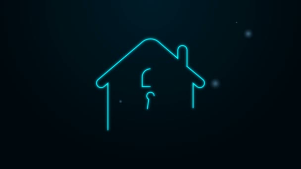 Leuchtende Neon Line House unter Schutz Symbol isoliert auf schwarzem Hintergrund. Haus und Schloss. Schutz, Sicherheit, Sicherheit, Schutz, Verteidigungskonzept. 4K Video Motion Grafik Animation — Stockvideo