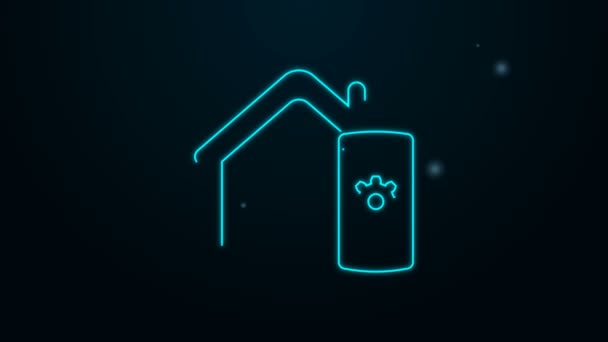 Linha de néon brilhante Smart home - ícone do sistema de controle remoto isolado no fundo preto. Animação gráfica em movimento de vídeo 4K — Vídeo de Stock