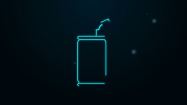 Siyah arka planda izole edilmiş saman simgesi içen parlak neon şeritli soda kutusu. 4K Video hareketli grafik canlandırması
