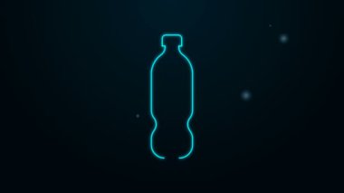 Parlayan neon hattı. Siyah arka planda izole edilmiş bir su ikonu şişesi. Soda su içme tabelası. 4K Video hareketli grafik canlandırması