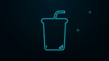 Siyah zemin üzerinde su ikonu olan parlak neon çizgisi. Soda bardağı ve pipet içmek. Taze soğuk içecek sembolü. 4K Video hareketli grafik canlandırması