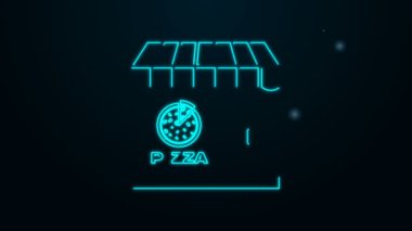 Parlayan neon hattı Pizzeria ön cephe ikonu siyah arka planda izole edildi. Fast food pizzacı büfesi. 4K Video hareketli grafik canlandırması