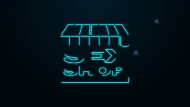 Siyah arka planda izole edilmiş çizgili tente ikonu olan parlak neon hatlı seks dükkanı binası. Seks dükkanı, online seks mağazası, yetişkin erotik ürünler konsepti. 4K Video hareketli grafik canlandırması