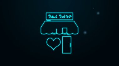 Siyah arka planda izole edilmiş çizgili tente ikonu olan parlak neon hatlı seks dükkanı binası. Seks dükkanı, online seks mağazası, yetişkin erotik ürünler konsepti. 4K Video hareketli grafik canlandırması
