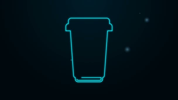 Glowing neon line Coffee cup icon isolated on black background. Disposable coffee cup with hot coffee. 4K Video motion graphic animation — Stock Video