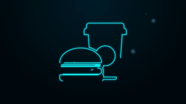 Świecąca neonowa linia Kawa i ikona hamburgera izolowane na czarnym tle. Symbol fast foodów. 4K Animacja graficzna ruchu wideo — Wideo stockowe