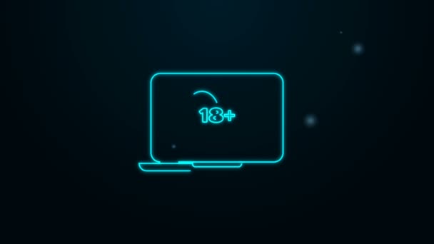 Computer portatile linea neon incandescente con 18 più icona del cuore contenuto isolato su sfondo nero. Simbolo di restrizione di età. 18 più il segno di contenuto. Canale per adulti. Animazione grafica 4K Video motion — Video Stock