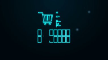 Parlayan neon hattı, alışveriş arabası simgesi siyah arka planda izole edilmiş süpermarket binası. Alışveriş mi mağaza mı? 4K Video hareketli grafik canlandırması