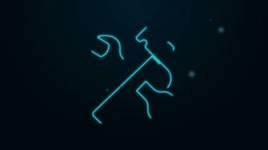 Parlayan neon hattı siyah arkaplanda izole edilmiş çekiç ve ingiliz anahtarı simgesi. Donanım aletleri. 4K Video hareketli grafik canlandırması