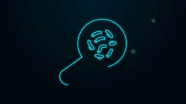 Siyah zemin üzerinde izole edilmiş büyüteç simgesi altında parlayan neon hattı mikroorganizmaları. Bakteri ve mikroplar, hücre kanseri, mikrop, virüs, mantar. 4K Video hareketli grafik canlandırması