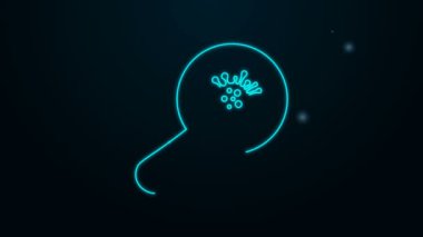Siyah zemin üzerinde izole edilmiş büyüteç simgesi altında parlayan neon hattı mikroorganizmaları. Bakteri ve mikroplar, hücre kanseri, mikrop, virüs, mantar. 4K Video hareketli grafik canlandırması