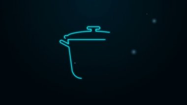 Parlayan neon hattı siyah arka planda izole edilmiş tencere pişirme ikonu. Haşlama ya da güveç besin sembolü. 4K Video hareketli grafik canlandırması