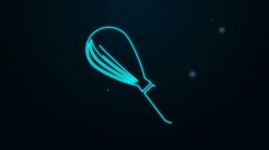 Parlayan neon hattı Mutfak çırpma simgesi siyah arkaplanda izole edildi. Mutfak aletleri, yumurta çırpıcı. Çatal bıçak seti. Yemek karışımı sembolü. 4K Video hareketli grafik canlandırması