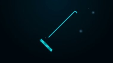 Parlayan neon çizgisi tırmık simgesi siyah arkaplanda izole edildi. Bahçecilik, tarım, çiftçilik aleti. Toprak işçisi. Temizlik ekipmanları. 4K Video hareketli grafik canlandırması