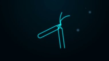 Siyah arkaplanda izole edilmiş simgeyi budamak için parlayan neon çizgisi el yapımı makas. Ahşap saplı budama makası. 4K Video hareketli grafik canlandırması