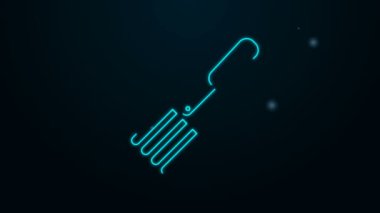 Parlayan neon çizgisi çatal simgesi siyah arkaplanda izole edildi. Pitchfork ikonu. Bahçecilik, tarım, çiftçilik aleti. 4K Video hareketli grafik canlandırması