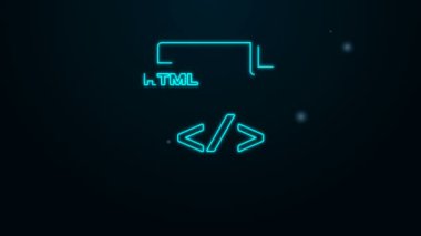Parlayan neon hattı HTML dosya belgesi. Siyah arkaplanda html düğmesi simgesi indir. HTML dosya simgesi. İşaretleme dili sembolü. 4K Video hareketli grafik canlandırması