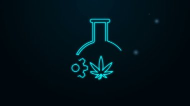 Esrar ya da kenevir yaprağı simgesiyle siyah arkaplanda parlayan neon hattı test tüpü. Araştırma konsepti. Laboratuvar CBD yağ konsepti. 4K Video hareketli grafik canlandırması