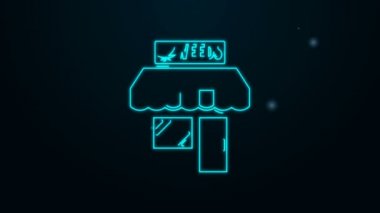 Parlayan neon hattı marihuana ve kenevir dükkanı ikonu siyah arka planda izole edilmiş. Sigara içmek, tıbbi esrar depolamak için ekipman ve aksesuarlar. 4K Video hareketli grafik canlandırması