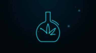 Esrar ya da kenevir yaprağı simgesiyle siyah arkaplanda parlayan neon hattı test tüpü. Araştırma konsepti. Laboratuvar CBD yağ konsepti. 4K Video hareketli grafik canlandırması