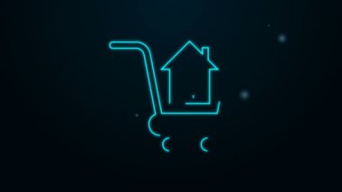 Siyah arka planda ev ikonu olan parlak neon çizgili alışveriş arabası. Ev konsepti al. Ev kredisi konsepti, kira, mülk satın alma. 4K Video hareketli grafik canlandırması