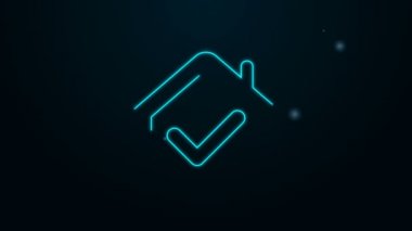 Siyah arkaplanda işaret simgesi olan parlak neon çizgili ev. Emlakçı ya da köy elit sınıfı. 4K Video hareketli grafik canlandırması